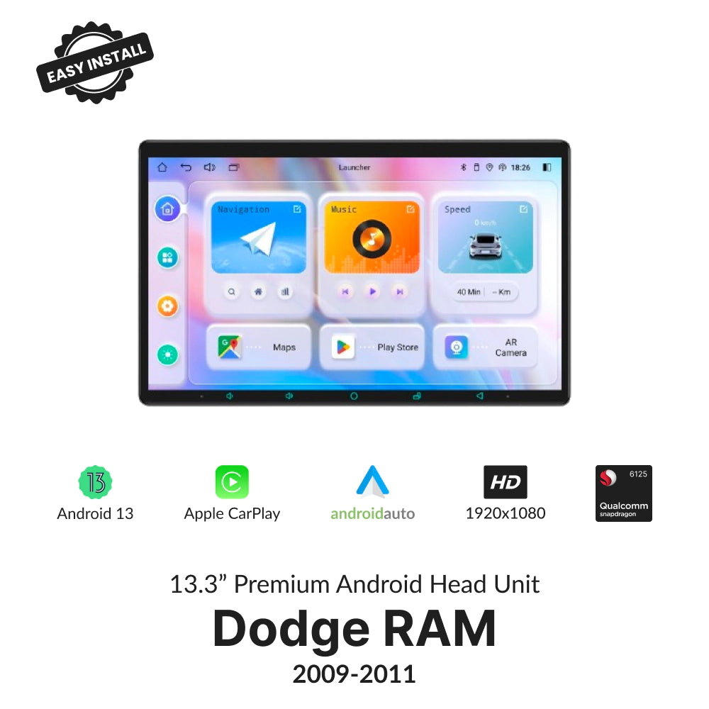 Dodge RAM 2009-2011 13.3” Wireless CarPlay Android Head Unit with Android 13, Apple CarPlay, Android Auto, and 1920x1080 display.