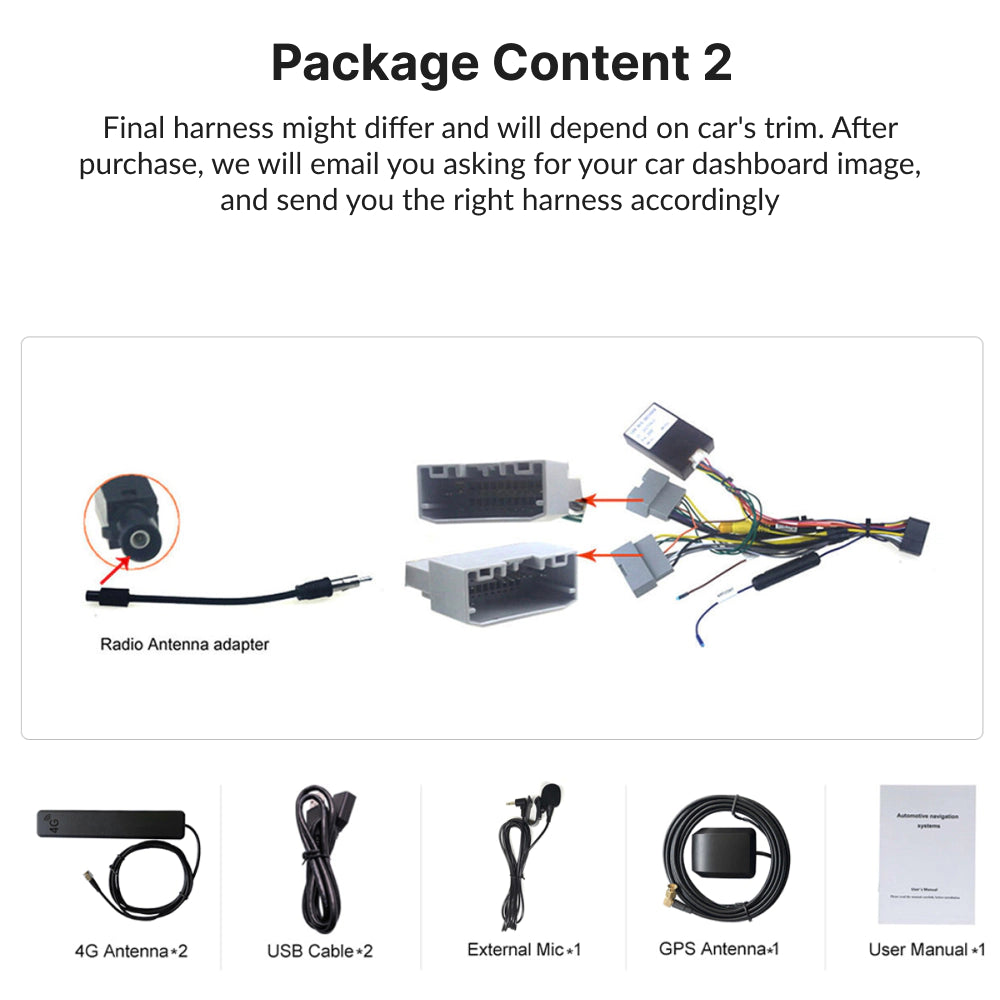 Package contents for Dodge RAM 2009-2011 Android Head Unit include antennas, USB cables, GPS, mic, and user manual.