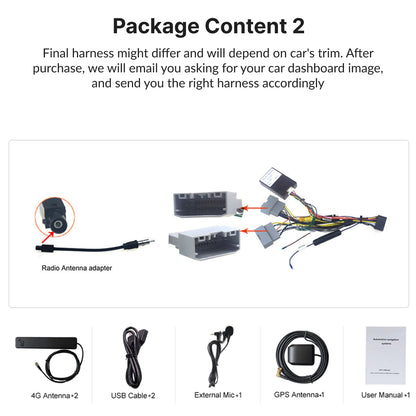 Package contents for Dodge RAM 2009-2011 Android Head Unit include antennas, USB cables, GPS, mic, and user manual.