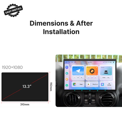 13.3” Dodge RAM 2009-2011 Android Head Unit dimensions shown with 1920x1080 resolution and installed view on dashboard.