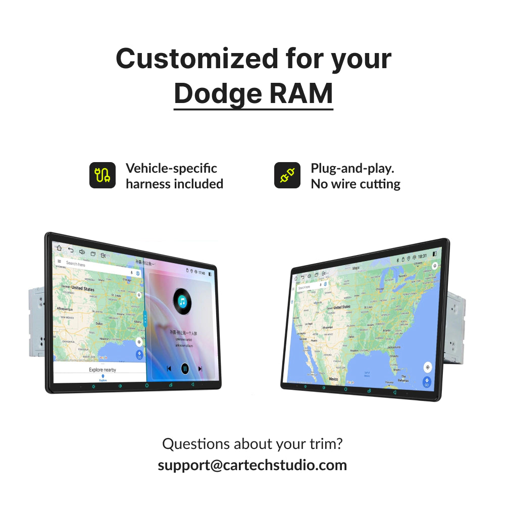 Customized 13.3” Android Head Unit for Dodge RAM 2009-2011 with plug-and-play harness and no wire cutting required.