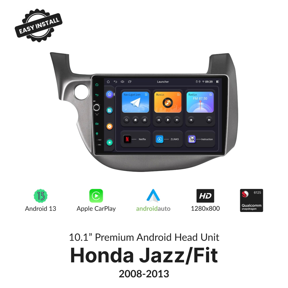 Honda Fit/Jazz 2008-2013 CarPlay Android Head Unit with 10.1-inch touchscreen, Android 13, Apple CarPlay, and HD display for easy installation.