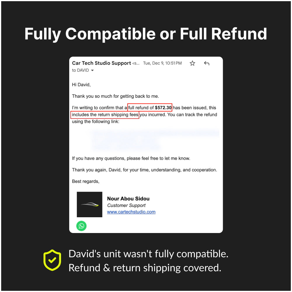 Full refund and return shipping covered for incompatible Ford Focus 2007-2011 Android Head Unit, ensuring full compatibility or money back.