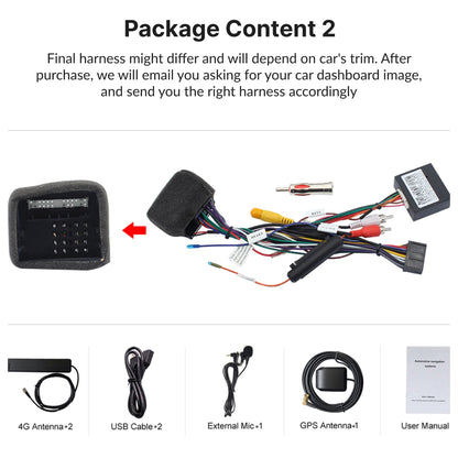 Package contents for Ford Focus 2007-2011 Android Head Unit include harness, USB cables, GPS antenna, external mic, and user manual.