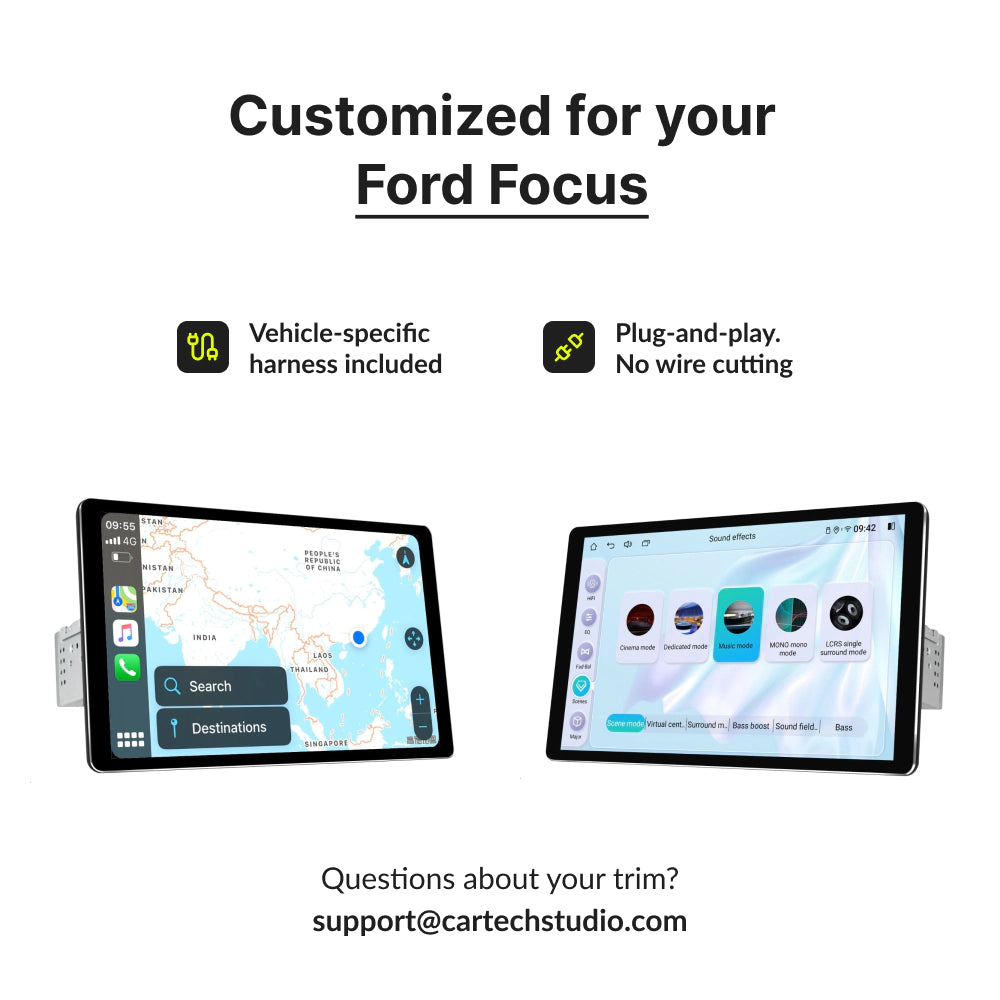 Customized 10.1” Android Head Unit for Ford Focus 2007-2011 with vehicle-specific harness and plug-and-play installation, no wire cutting required.