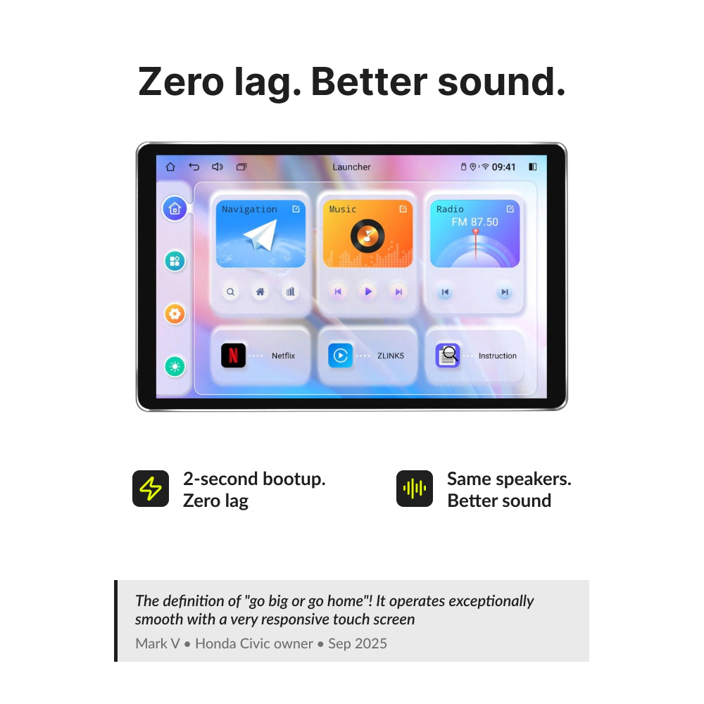 Zero lag and better sound quality on Ford Focus 2007-2011 10.1” Android Head Unit with 2-second bootup and responsive touchscreen.