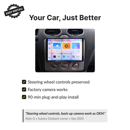 Ford Focus 2007-2011 Android Head Unit retains steering wheel controls, supports factory camera, and installs in 90 minutes plug-and-play.