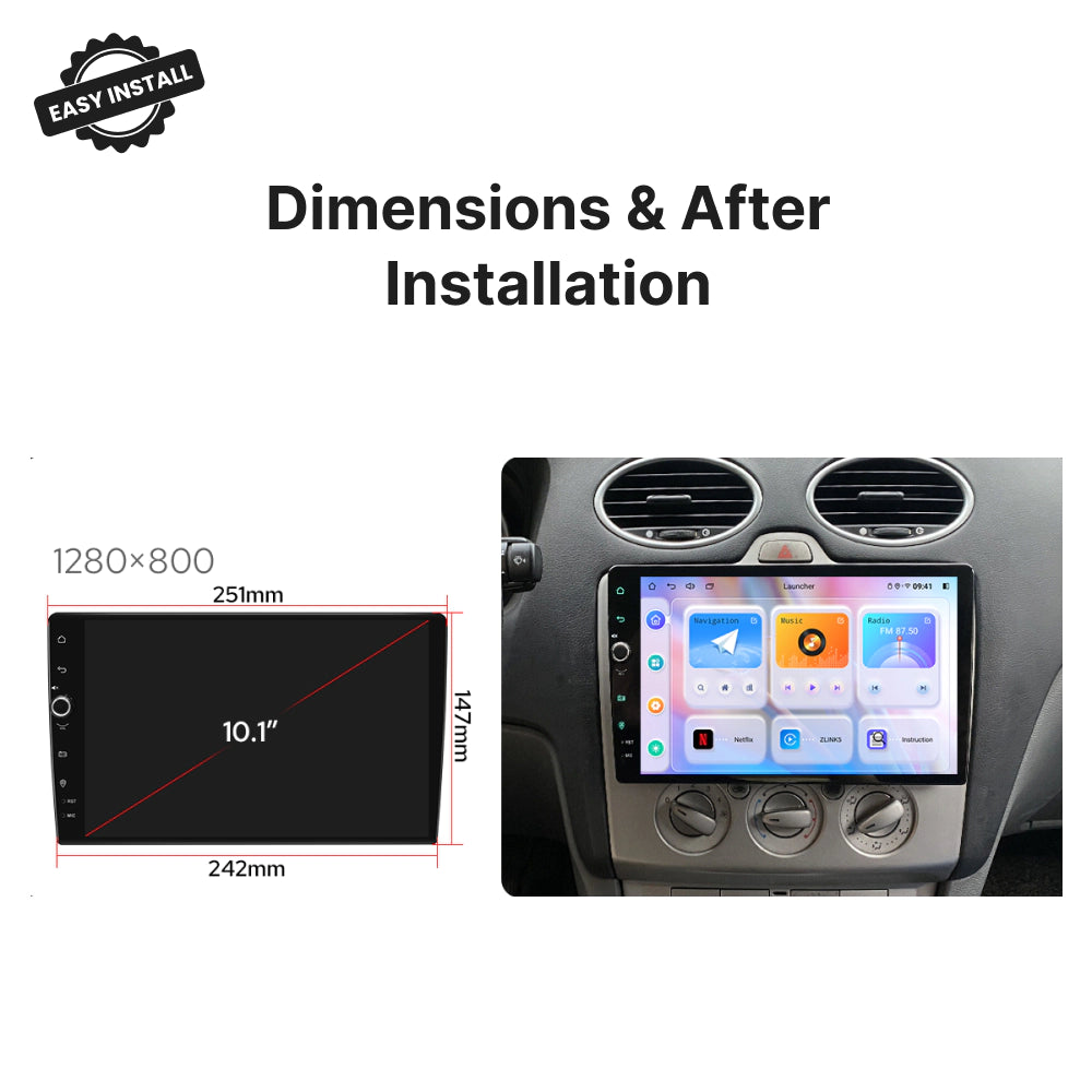 Ford Kuga 2008-2012 Android head unit with 10.1” 1280x800 screen shown installed in dashboard with detailed dimensions.