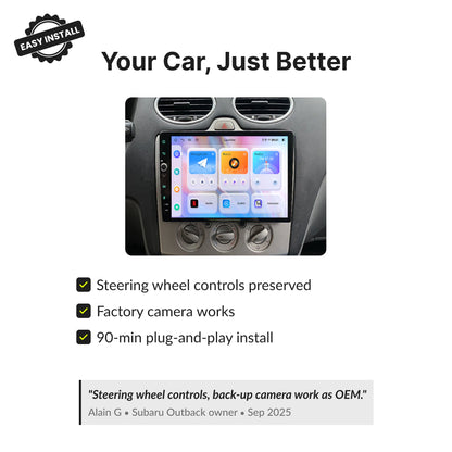 Ford Kuga 2008-2012 Android head unit retains steering wheel controls and factory camera with 90-minute plug-and-play install.