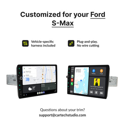 Customized 10.1” CarPlay Android Head Unit for Ford S-Max 2007-2011 with plug-and-play harness and no wire cutting required.