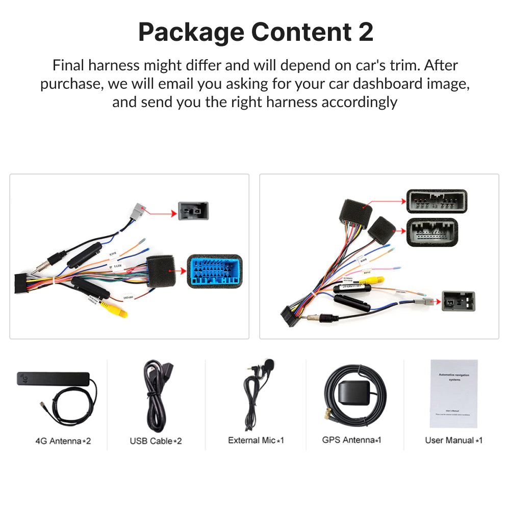 Package contents for Honda Odyssey 2005-2010 Android Head Unit include harnesses, antennas, cables, mic, and user manual.