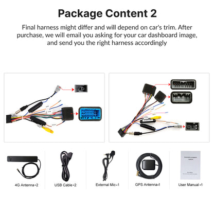 Package contents for Honda Odyssey 2005-2010 Android Head Unit include harnesses, antennas, cables, mic, and user manual.