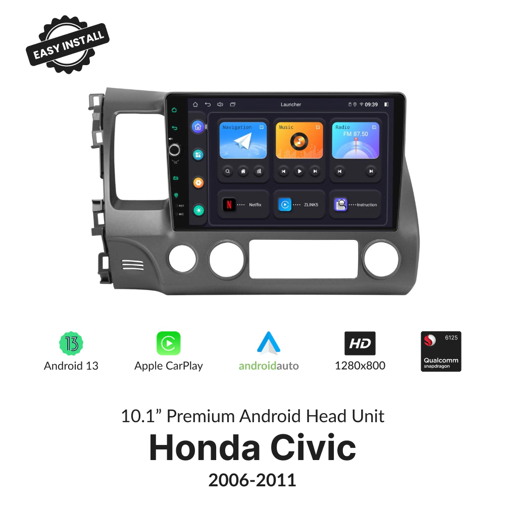 Honda Civic 2006-2011 10.1” Wireless CarPlay Android Head Unit with Android 13, HD display, and Qualcomm processor for seamless in-car entertainment.