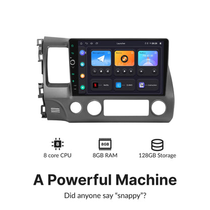 High-performance 10.1” Android Head Unit for Honda Civic 2006-2011 with 8-core CPU, 8GB RAM, and 128GB storage for smooth multitasking and media use.