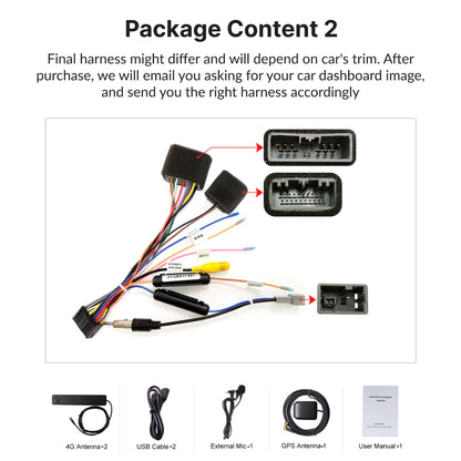 Wiring harness and accessories included with 10.1” Android Head Unit for Honda Civic 2006-2011, tailored to specific trim for easy installation.