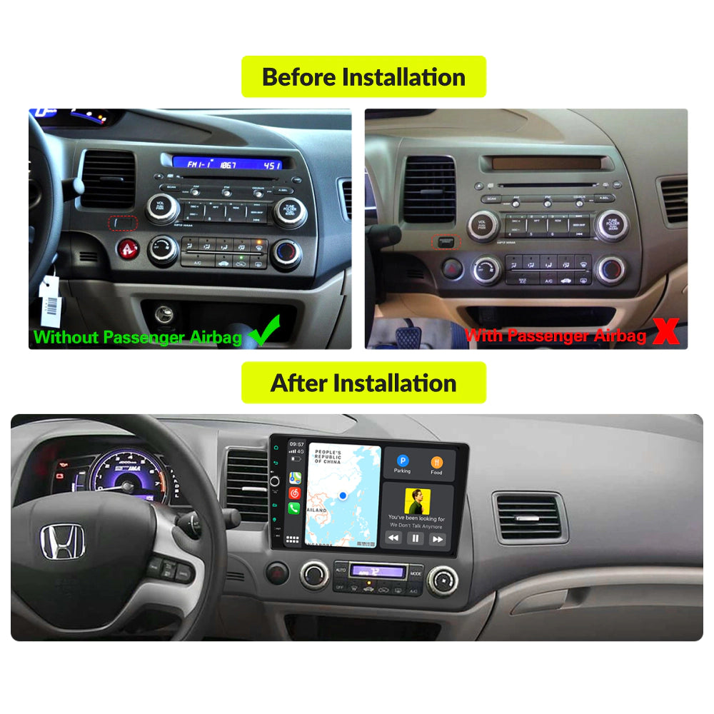 Before and after installation of 10.1” Premium Android Head Unit in Honda Civic 2006-2011, showing upgraded dashboard with modern touchscreen display.