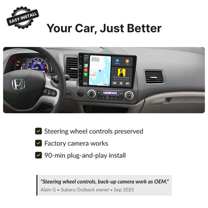 Honda Civic 2006-2011 upgraded with 10.1” Android Head Unit preserving steering wheel controls, factory camera, and offering 90-minute plug-and-play install.