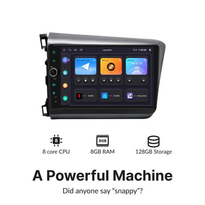 Powerful 9” Android Head Unit for Honda Civic 2012-2015 with 8-core CPU, 8GB RAM, and 128GB storage for fast and responsive performance.