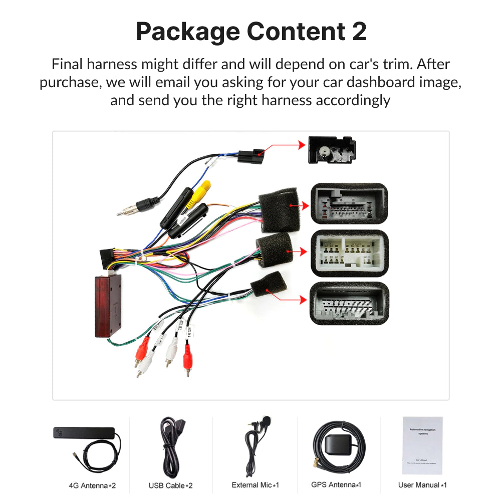 Package contents for Honda Civic 2012-2015 9” Android Head Unit including harnesses, cables, GPS antenna, and user manual for installation.