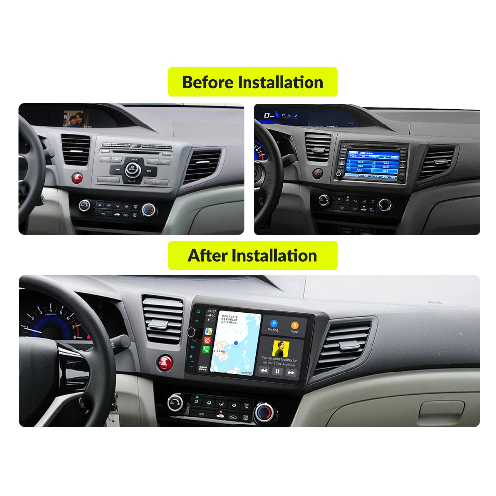 Before and after installation comparison of 9” Wireless CarPlay Android Head Unit in Honda Civic 2012-2015, showing upgraded dashboard interface.