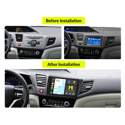 Before and after installation comparison of 9” Wireless CarPlay Android Head Unit in Honda Civic 2012-2015, showing upgraded dashboard interface.