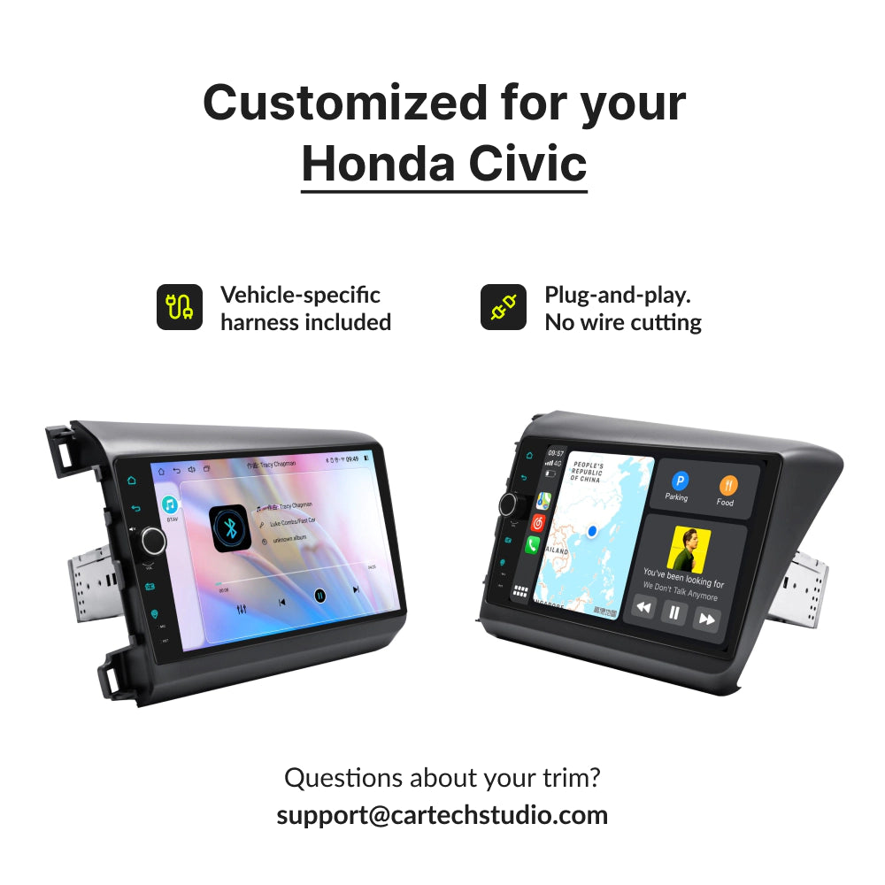 Customized 9” Android Head Unit for Honda Civic 2012-2015 with plug-and-play harness and no wire cutting required for easy installation.