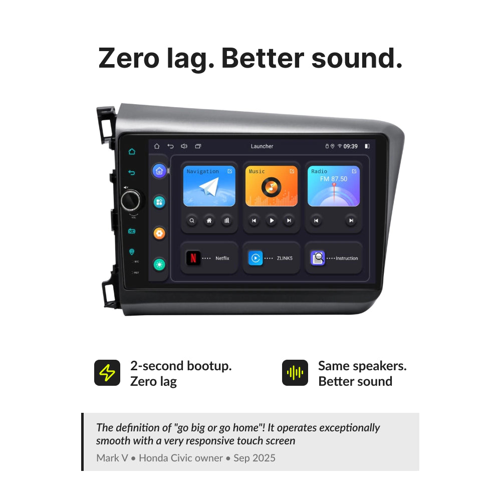 Zero lag and better sound quality with 9” Wireless CarPlay Android Head Unit for Honda Civic 2012-2015, featuring fast boot and smooth UI.
