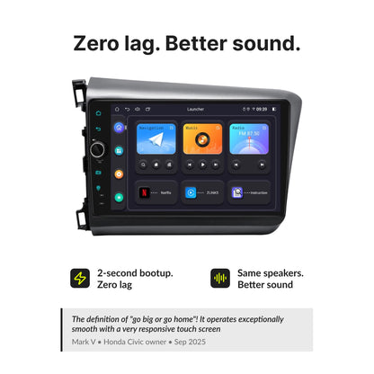 Zero lag and better sound quality with 9” Wireless CarPlay Android Head Unit for Honda Civic 2012-2015, featuring fast boot and smooth UI.