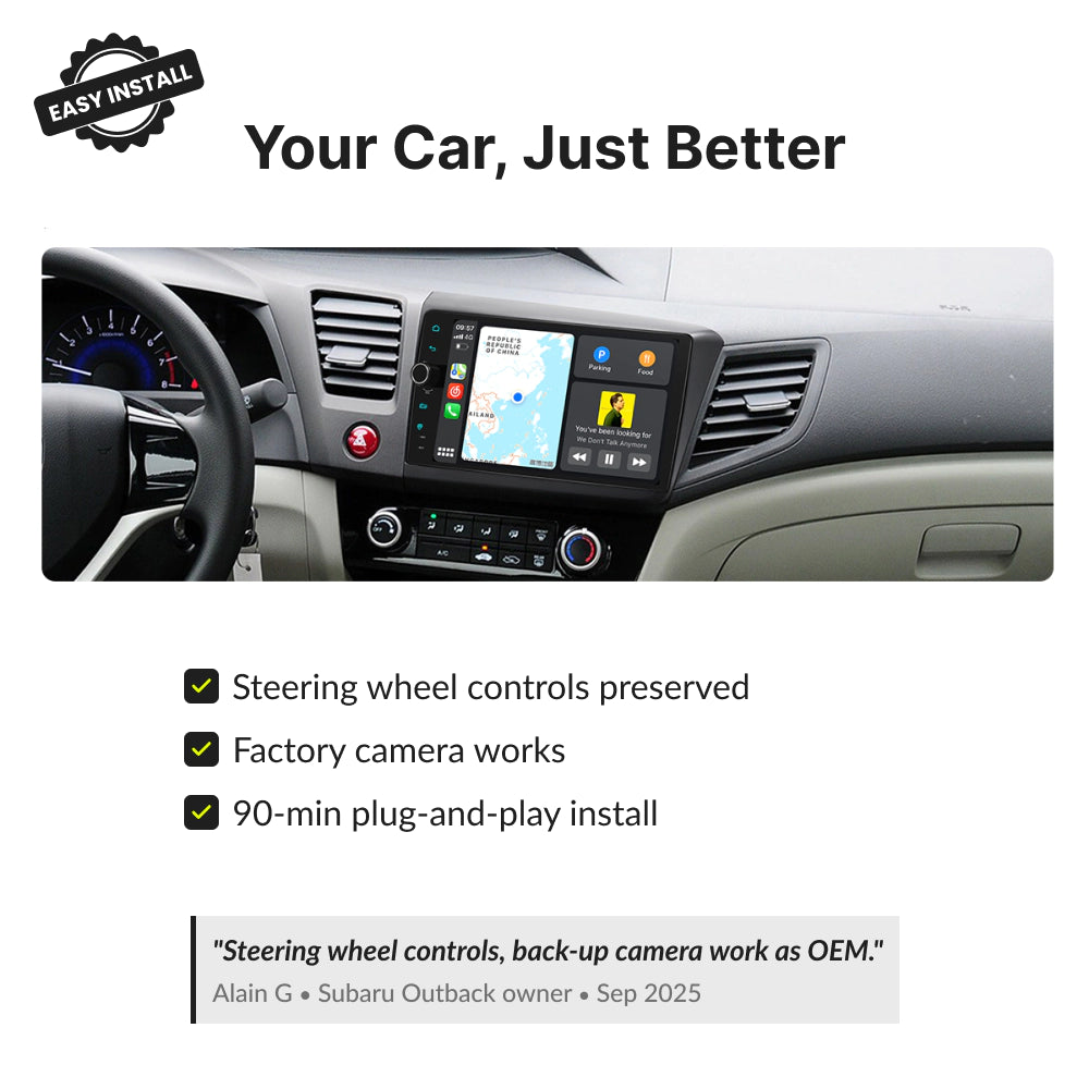 Honda Civic 2012-2015 9” Android Head Unit preserves steering wheel controls and factory camera, with 90-minute plug-and-play installation.