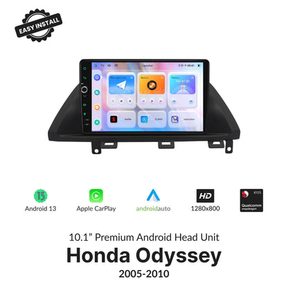 Honda Odyssey 2005-2010 10.1” Wireless CarPlay Android Head Unit with HD touchscreen, Android 13, and Apple CarPlay support.