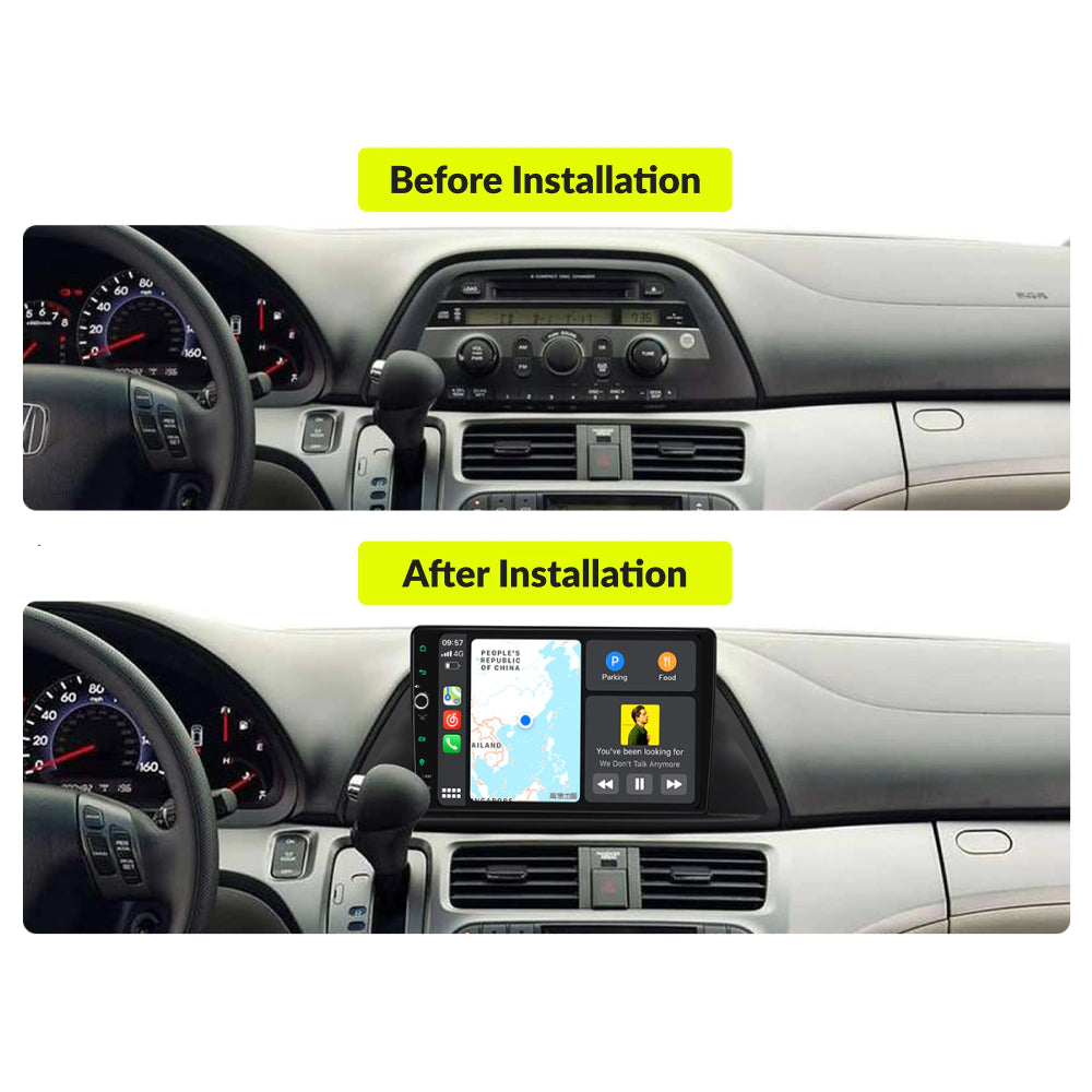 Before and after installation comparison of 10.1” Premium Android Head Unit in Honda Odyssey 2005-2010 dashboard.