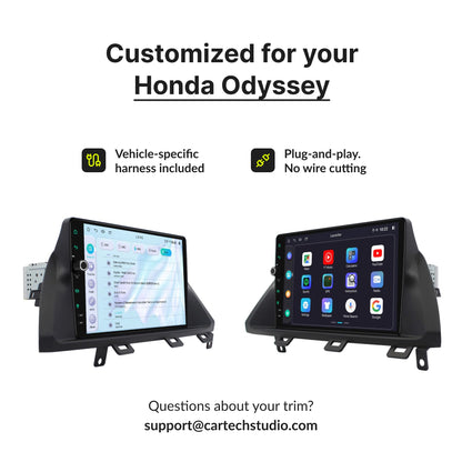 Customized 10.1” Android Head Unit for Honda Odyssey 2005-2010 with plug-and-play harness and no wire cutting required.