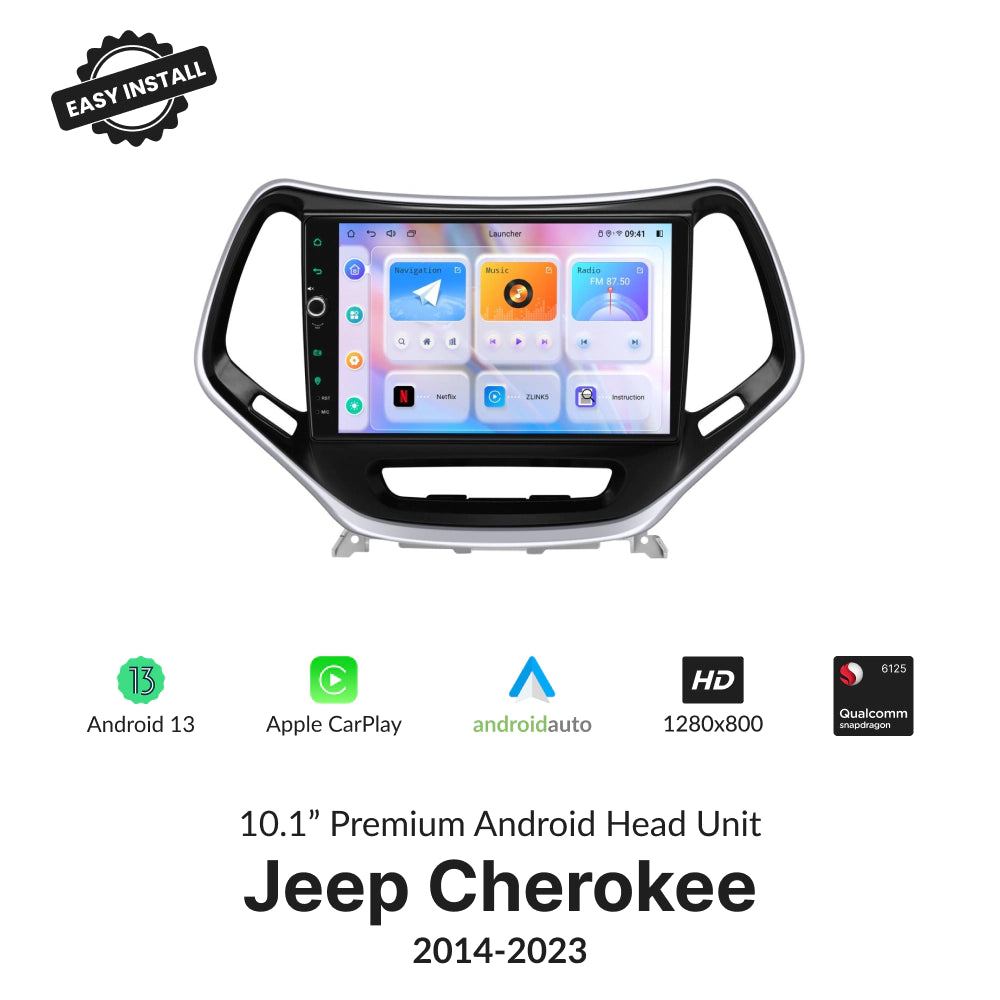 Jeep Cherokee 2014-2023 10.1” Wireless CarPlay Android Head Unit with Android 13, HD display, and Qualcomm processor for seamless in-car entertainment.