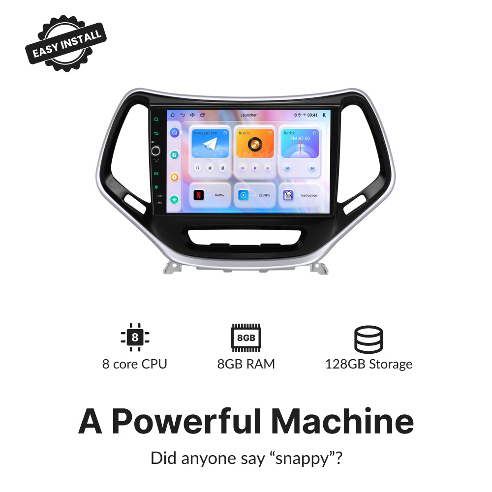 High-performance 10.1” Android Head Unit for Jeep Cherokee 2014-2023 with 8-core CPU, 8GB RAM, and 128GB storage for smooth multitasking.