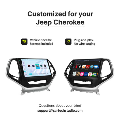 Custom-fit 10.1” Android Head Unit for Jeep Cherokee 2014-2023 with plug-and-play harness and no wire cutting required for easy installation.