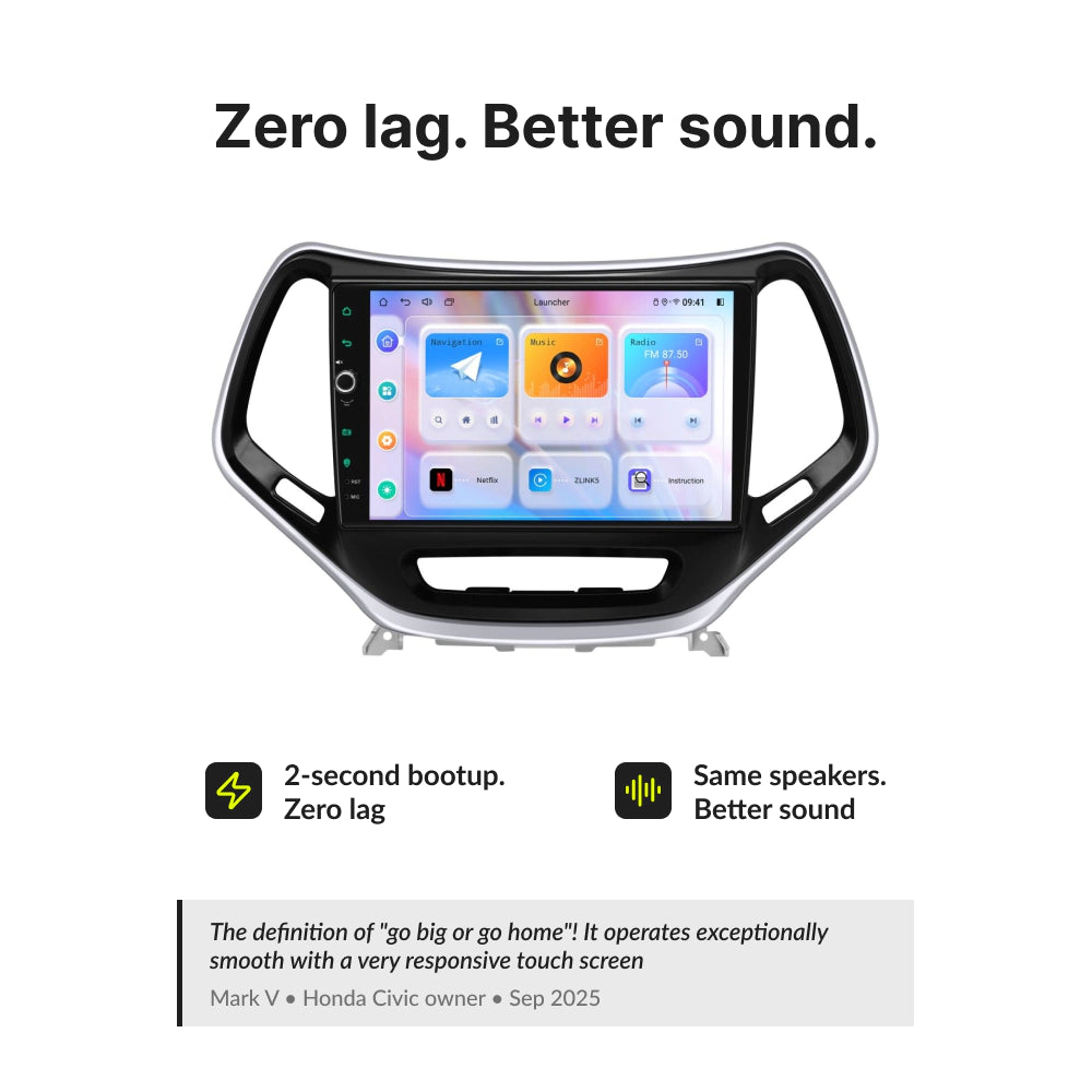 Zero lag and improved sound quality on Jeep Cherokee 10.1” Android Head Unit with 2-second boot time and enhanced audio performance.