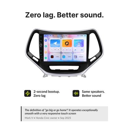 Zero lag and improved sound quality on Jeep Cherokee 10.1” Android Head Unit with 2-second boot time and enhanced audio performance.