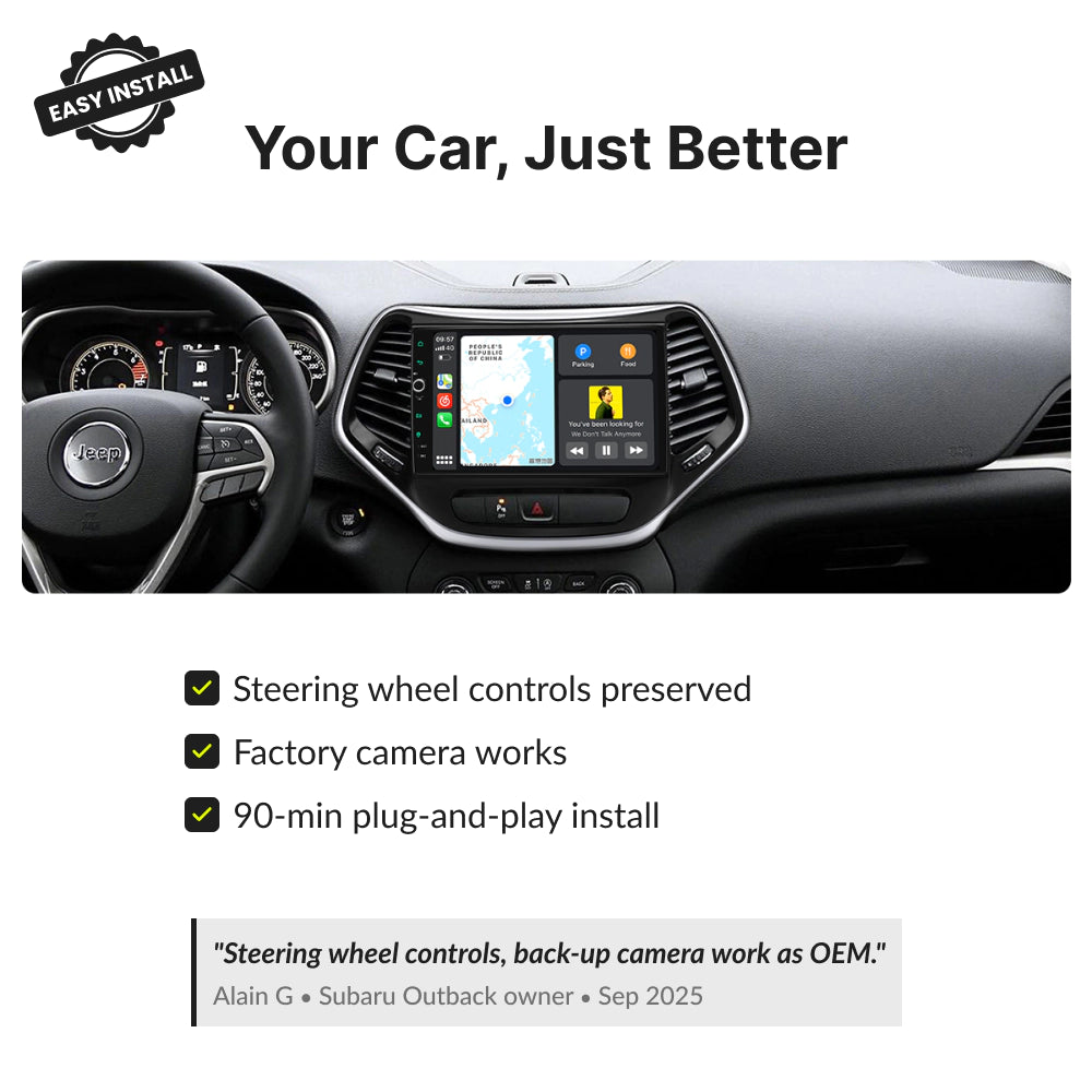 Jeep Cherokee 2014-2023 Android Head Unit retains steering wheel controls and factory camera with 90-minute plug-and-play installation.