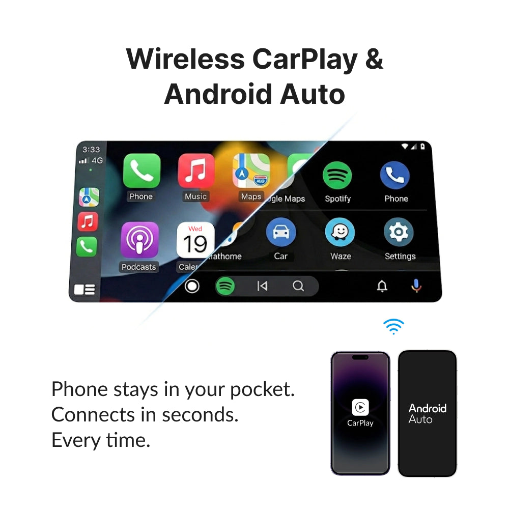 Wireless CarPlay and Android Auto support on 13.3” head unit for Jeep Commander 2008-2010, connects instantly without cables.