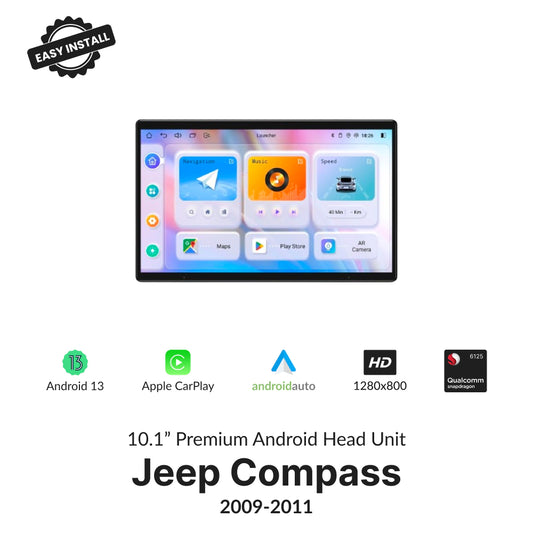 Jeep Compass 2009-2011 10.1” Wireless CarPlay Android Head Unit with Android 13, HD display, and Qualcomm processor for seamless in-car entertainment.