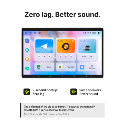 15.1” Jeep Compass Android head unit with 2-second bootup, zero lag, and enhanced sound using factory speakers.