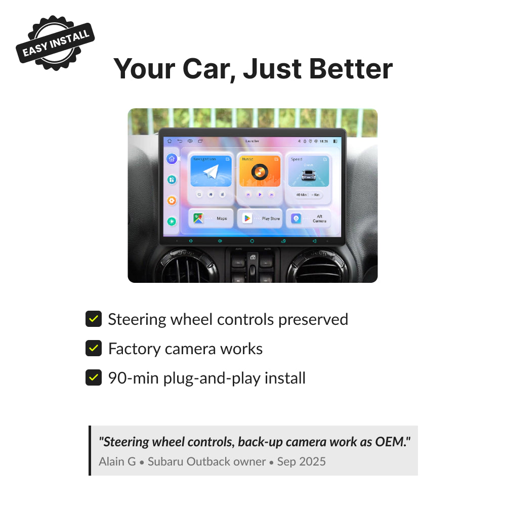 Jeep Compass 2009-2011 Android head unit preserves steering wheel controls, factory camera, and installs in 90 minutes.