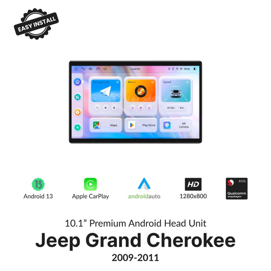 Jeep Grand Cherokee 2009-2011 10.1” CarPlay Android Head Unit with Android 13, HD display, and Qualcomm processor for seamless in-car entertainment.