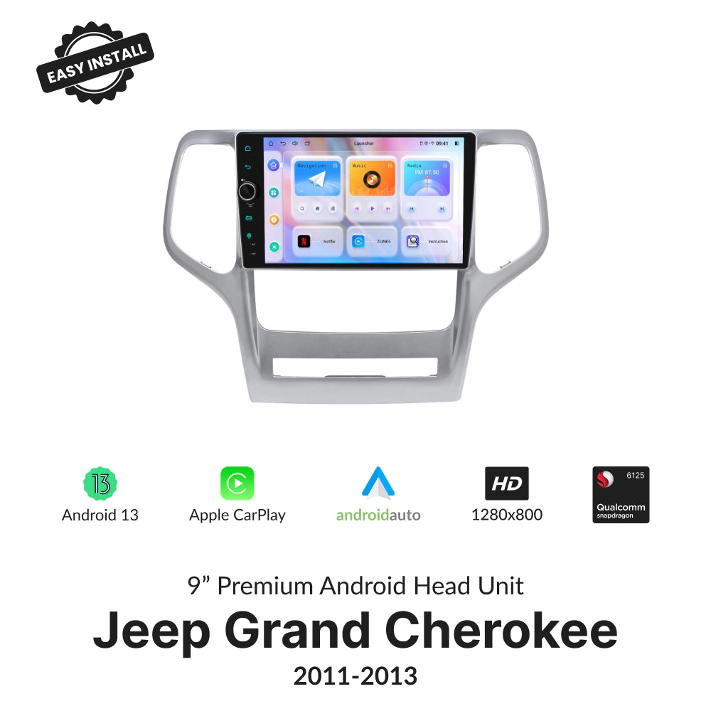 Jeep Grand Cherokee 2011-2013 9” Wireless CarPlay Android Head Unit with Android 13, HD display, and Qualcomm processor for easy installation.