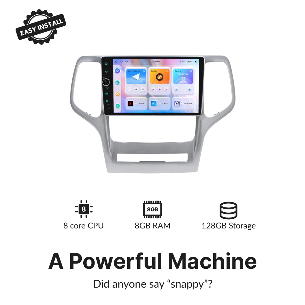 High-performance 9” Android Head Unit for Jeep Grand Cherokee 2011-2013 with 8-core CPU, 8GB RAM, and 128GB storage for smooth operation.