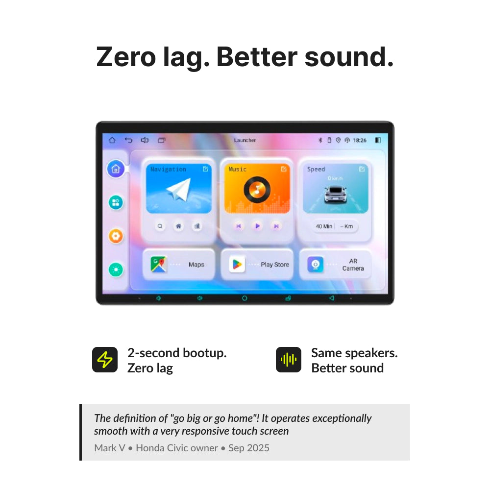 Zero lag and enhanced sound quality on Jeep Wrangler 2007-2013 13.3” Android Head Unit with 2-second boot time.