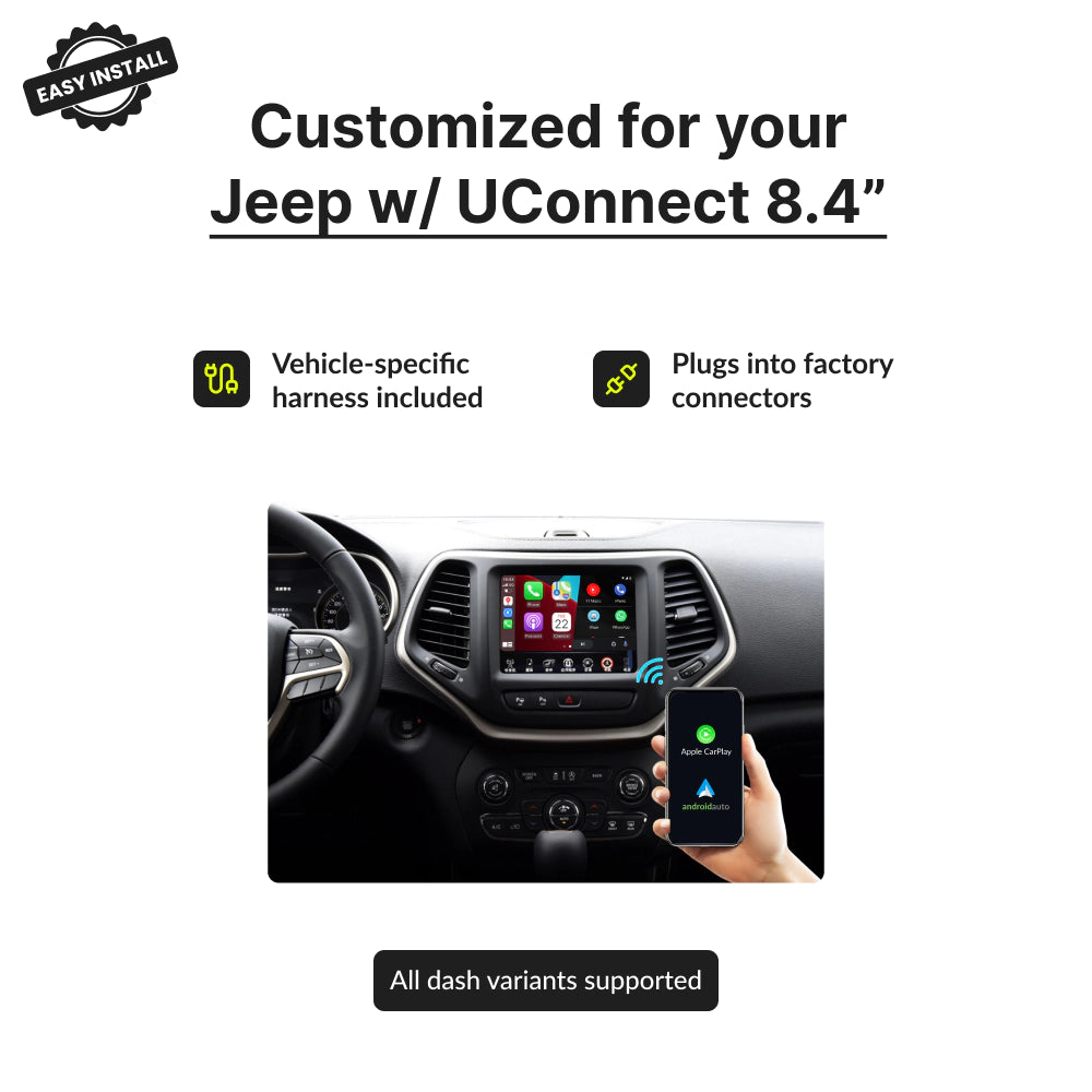 Jeep Wrangler with UConnect 8.4" — Wireless Apple CarPlay & Android Auto Module