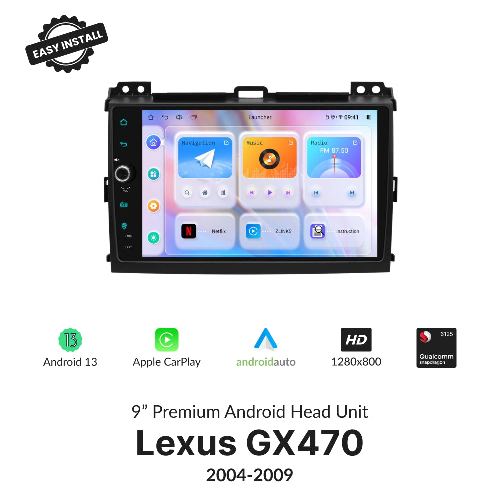 Lexus GX470 2004-2009 9" Wireless CarPlay Android Head Unit with Android 13, HD display, and Qualcomm processor for seamless in-car entertainment.