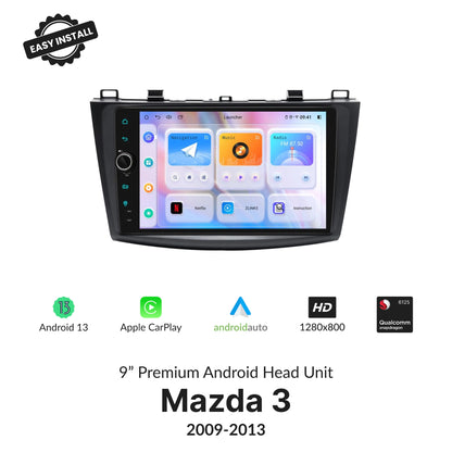Mazda Series 3 2009-2013 9” Wireless CarPlay Android Head Unit with Android 13, HD display, and Qualcomm processor for seamless in-car entertainment.