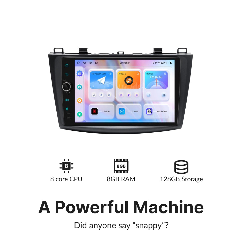 Mazda Series 3 2009-2013 9” Android Head Unit with 8-core CPU, 8GB RAM, and 128GB storage for high-performance multimedia use.